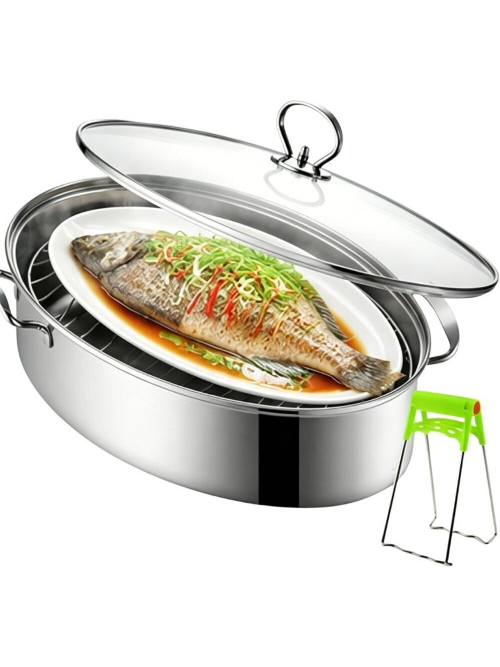 Multi-Use Stainless Steel Fish Steamer Set with Glass Lid & Ceramic Plate
